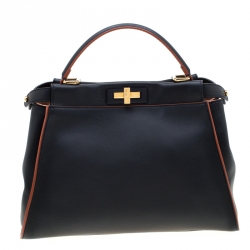 Pre Owned Fendi Navy Blue Leather Medium Peekaboo Top Handle Bag