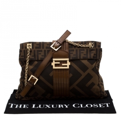 Pre Owned Fendi Tobacco Zucca Canvas Maxi Baguette Flap Shoulder Bag