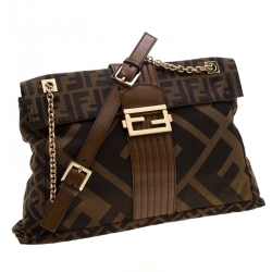 Pre Owned Fendi Tobacco Zucca Canvas Maxi Baguette Flap Shoulder Bag