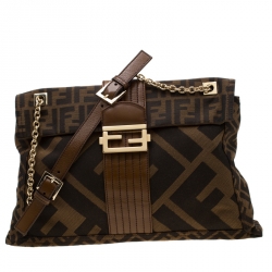 Pre Owned Fendi Tobacco Zucca Canvas Maxi Baguette Flap Shoulder Bag