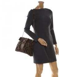 Pre Owned Fendi Tobacco Zucca Canvas Maxi Baguette Flap Shoulder Bag