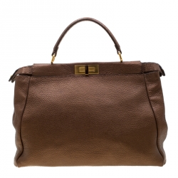 Pre Owned Fendi Metallic Brown Selleria Leather Large Peekaboo Top Handle Bag