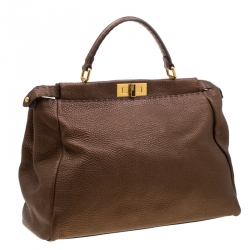 Pre Owned Fendi Metallic Brown Selleria Leather Large Peekaboo Top Handle Bag