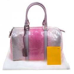 Pre Owned Fendi Pink/Grey Zucchino Sequin Canvas and Leather Bauletto Boston Bag