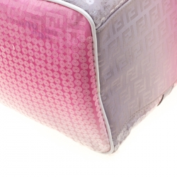 Pre Owned Fendi Pink/Grey Zucchino Sequin Canvas and Leather Bauletto Boston Bag