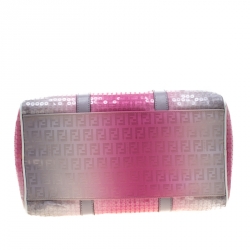 Pre Owned Fendi Pink/Grey Zucchino Sequin Canvas and Leather Bauletto Boston Bag