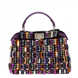 Pre Owned Fendi Multicolor Crystal Embellished Leather Mini Peekaboo Top Handle Bag