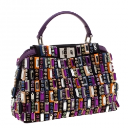 Pre Owned Fendi Multicolor Crystal Embellished Leather Mini Peekaboo Top Handle Bag