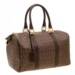 Pre Owned Fendi Brown Zucchino Coated Canvas Medium Forever Bauletto Boston Bag