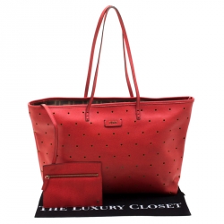 Pre Owned Fendi Red Perforated Leather Roll Tote W/ Pouch