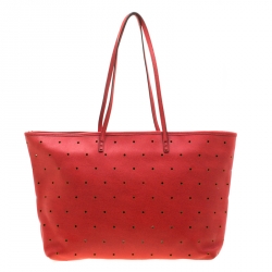 Pre Owned Fendi Red Perforated Leather Roll Tote W/ Pouch