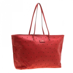 Pre Owned Fendi Red Perforated Leather Roll Tote W/ Pouch