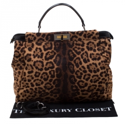 Pre Owned Fendi Brown/Black Leopard Print Calfhair Large Peekaboo Top Handle Bag