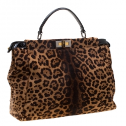 Pre Owned Fendi Brown/Black Leopard Print Calfhair Large Peekaboo Top Handle Bag
