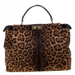 Pre Owned Fendi Brown/Black Leopard Print Calfhair Large Peekaboo Top Handle Bag