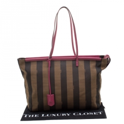 Pre Owned Fendi Brown/Pink Canvas and Leather Pequin Roll Tote
