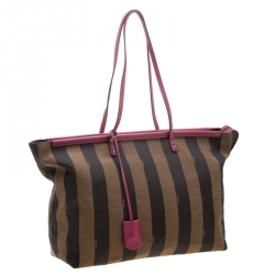 Pre Owned Fendi Brown/Pink Canvas and Leather Pequin Roll Tote