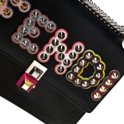 Pre Owned Fendi Black Leather Embellished Kan I Applique Crossbody Bag  