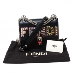 Pre Owned Fendi Black Leather Embellished Kan I Applique Crossbody Bag  