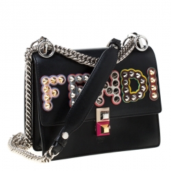 Pre Owned Fendi Black Leather Embellished Kan I Applique Crossbody Bag  