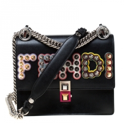 Pre Owned Fendi Black Leather Embellished Kan I Applique Crossbody Bag  