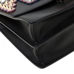 Pre Owned Fendi Black Leather Embellished Kan I Applique Crossbody Bag  