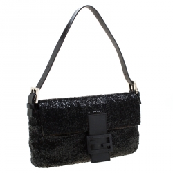 Fendi Black Beads and Leather Baguette Shoulder Bag