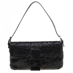 Fendi Black Beads and Leather Baguette Shoulder Bag