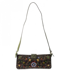 Pre Owned Fendi Multicolor Floral Beaded Zucca Canvas and Lizard Shoulder Bag