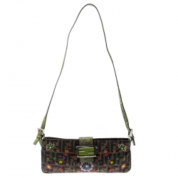 Pre Owned Fendi Multicolor Floral Beaded Zucca Canvas and Lizard Shoulder Bag