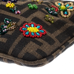 Pre Owned Fendi Multicolor Floral Beaded Zucca Canvas and Lizard Shoulder Bag