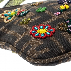 Pre Owned Fendi Multicolor Floral Beaded Zucca Canvas and Lizard Shoulder Bag