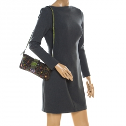 Pre Owned Fendi Multicolor Floral Beaded Zucca Canvas and Lizard Shoulder Bag