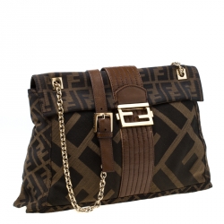 Fendi Tobacco Zucca Canvas Maxi Baguette Flap Shoulder Bag