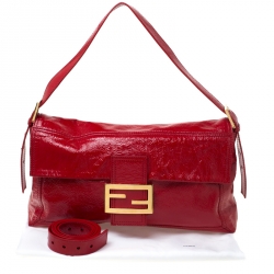 Pre Owned Fendi Red Crinkle Patent Leather Large Mamma Baguette Shoulder Bag