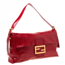 Pre Owned Fendi Red Crinkle Patent Leather Large Mamma Baguette Shoulder Bag