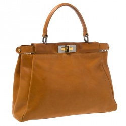 Pre Owned Fendi Tan Leather Medium Peekaboo Top Handle Bag