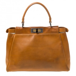 Pre Owned Fendi Tan Leather Medium Peekaboo Top Handle Bag