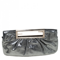 Pre Owned Fendi Metallic Grey Leather Cutout Handle Clutch