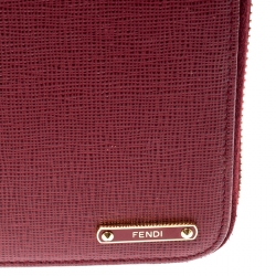 Pre Owned Fendi Red Leather Zip Around Organizer Wallet