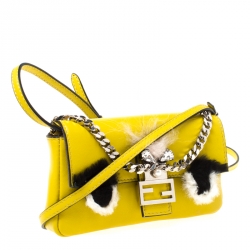 Pre Owned Fendi Yellow Leather and Fur Micro Monster Baguette