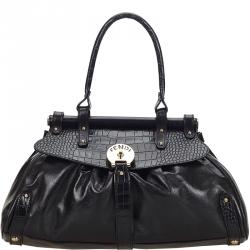 Pre Owned Fendi Black Leather Crocodile-Trimmed Shoulder Bag