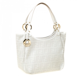 Pre Owned Fendi Off White Zucca Coated Canvas and Patent Leather Chef Shopper Tote