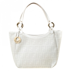 Pre Owned Fendi Off White Zucca Coated Canvas and Patent Leather Chef Shopper Tote