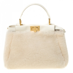 Pre Owned Fendi Cream Shearling and Leather Mini Peekaboo Top Handle Bag