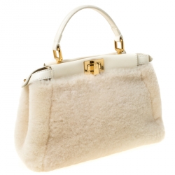 Pre Owned Fendi Cream Shearling and Leather Mini Peekaboo Top Handle Bag