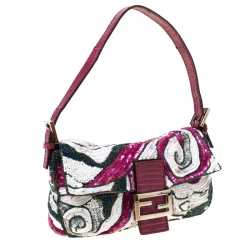 Fendi Multicolor Leather Sequins and Beaded Baguette Shoulder Bag