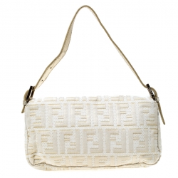 Pre Owned Fendi Gold/White Textured Fabric and Leather Mama Baguette Shoulder Bag