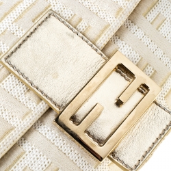 Pre Owned Fendi Gold/White Textured Fabric and Leather Mama Baguette Shoulder Bag