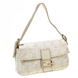 Pre Owned Fendi Gold/White Textured Fabric and Leather Mama Baguette Shoulder Bag